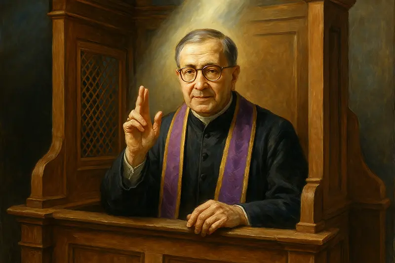 圣何塞玛丽亚-埃斯克里瓦（Saint Josemaría Escrivá）在忏悔室传授忏悔圣事赦免的图片，配以天光和紫色法衣。
