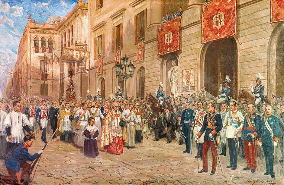Pintura histórica de una solemne procesión de Corpus Christi con presencia de autoridades civiles, eclesiásticas y militares en una ciudad española.
