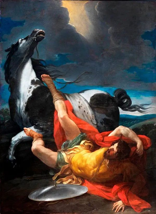 Representación artística de la conversión de san Pablo, caído del caballo al recibir la luz divina.
