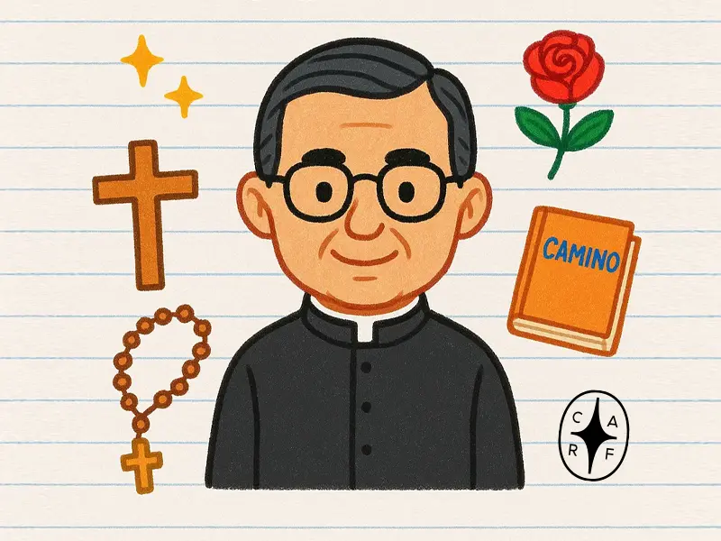 Dibujo animado de San Josemaría Escrivá con símbolos asociados: una cruz, un rosario, una rosa roja y el libro "Camino".