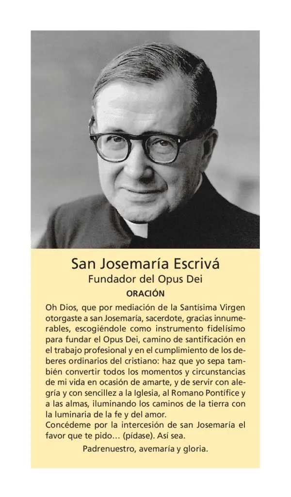 Estampa de san Josemaría Escrivá con una oración por su intercesión.