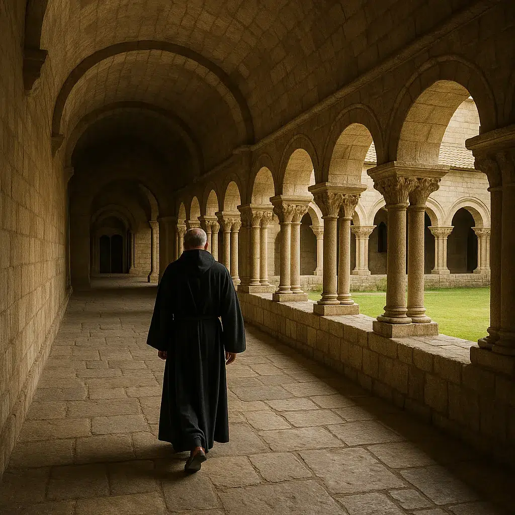 Claustro monástico con arquerías, columnas y un monje caminando de espaldas
