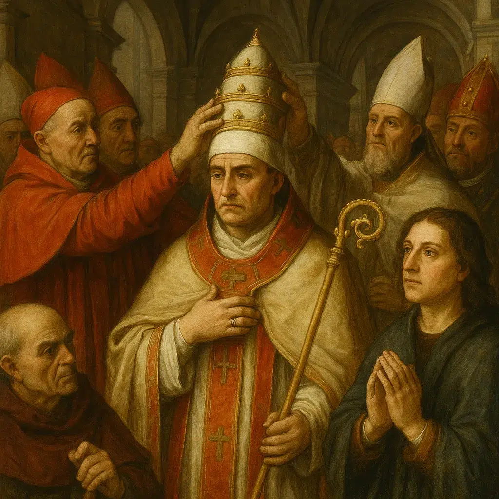 Arte renacentista: ceremonia de investidura papal con vestimentas eclesiásticas y tiara