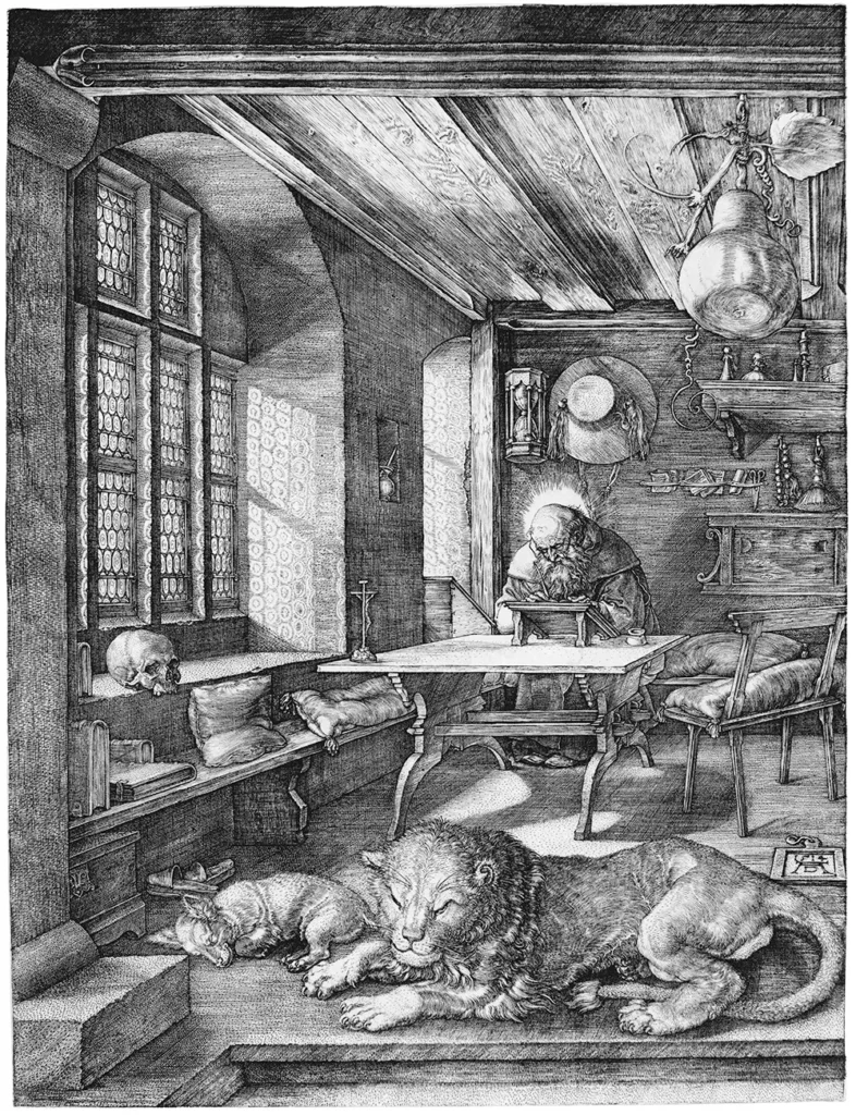Grabado en blanco y negro de san Jerónimo como un erudito trabajando en su estudio, con un león y un perro durmiendo pacíficamente a sus pies.