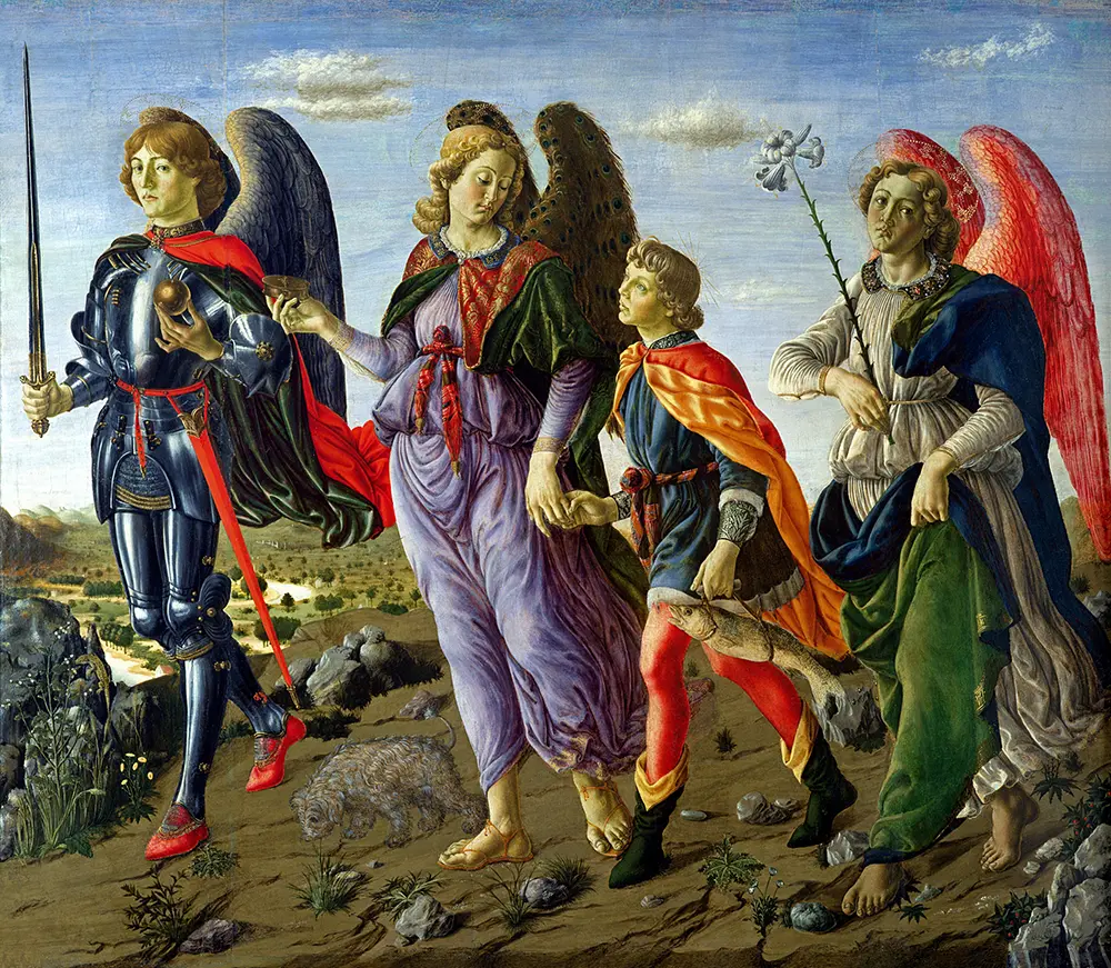 Los tres Arcángeles, Miguel, Gabriel y Rafael, caminan juntos. El Arcángel Rafael guía al joven Tobías, quien sostiene un pez.