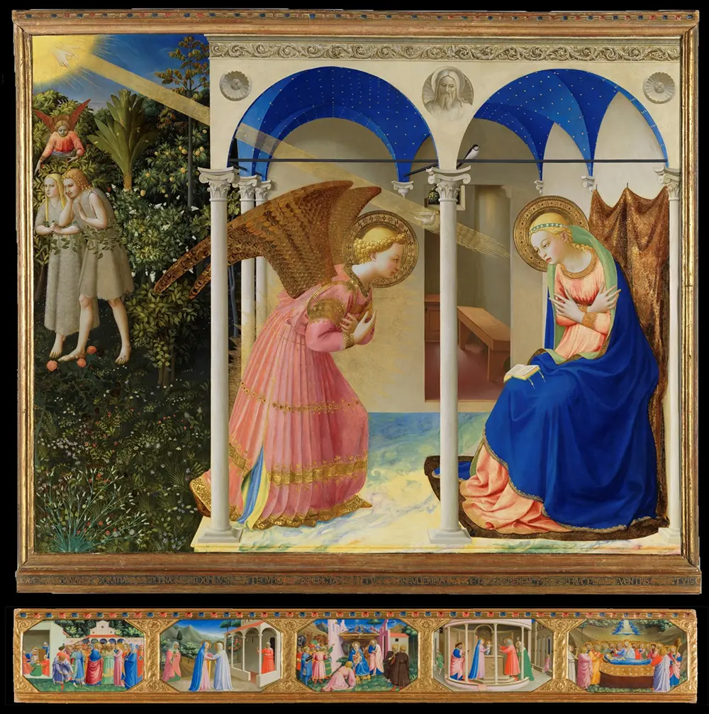 El Arcángel san Gabriel, arrodillado con humildad ante la Virgen María en un pórtico, le anuncia que será la Madre de Dios.