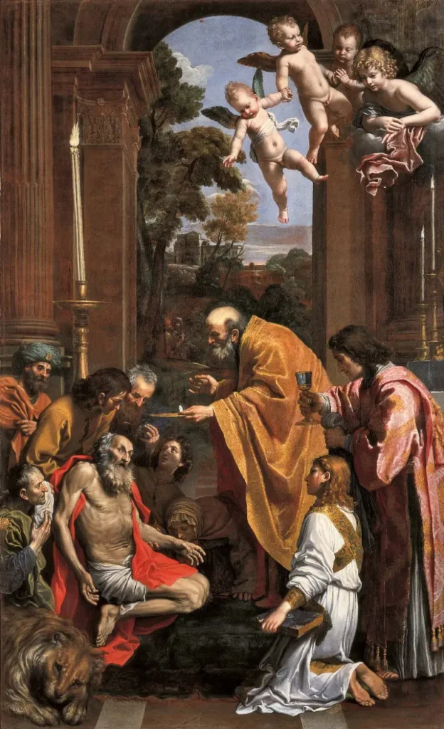 El anciano y frágil san Jerónimo es sostenido por sus discípulos mientras se arrodilla para recibir la Eucaristía de manos de un sacerdote.