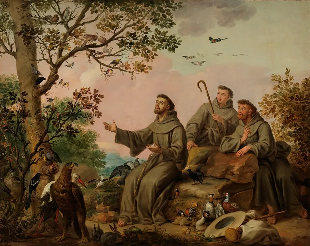 San Francisco de Asís predicando a los pájaros en un prado verde, al estilo de los frescos de Giotto.