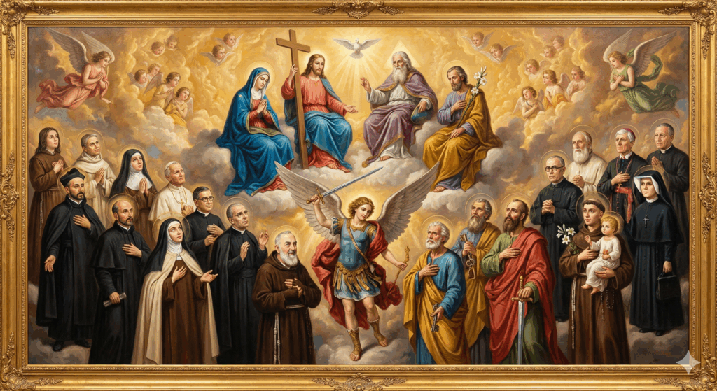 Imagen creada con IA de la comunión de los santos en el cielo y algunos muy conocidos