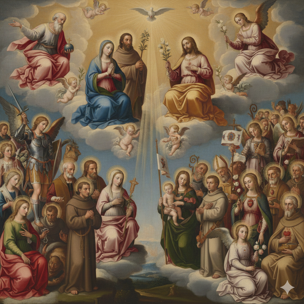 imagen creada con IA de la comunión de los santos en el cielo