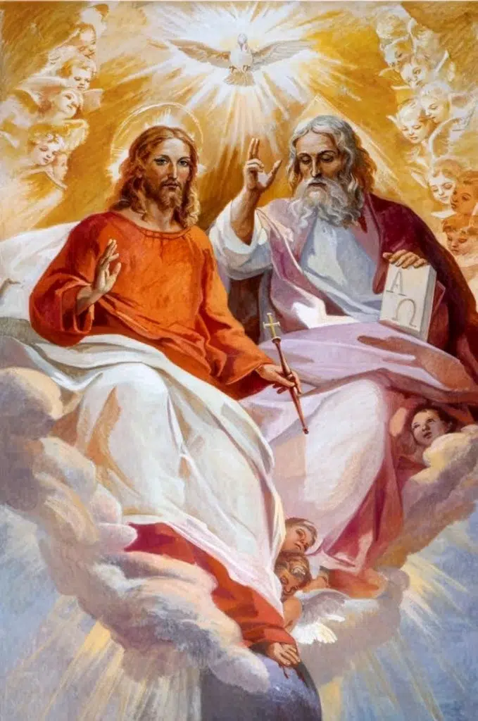 Ilustración religiosa de la Santísima Trinidad con Dios Padre y Jesucristo entronizados entre nubes y ángeles, iluminados por la paloma del Espíritu Santo.
